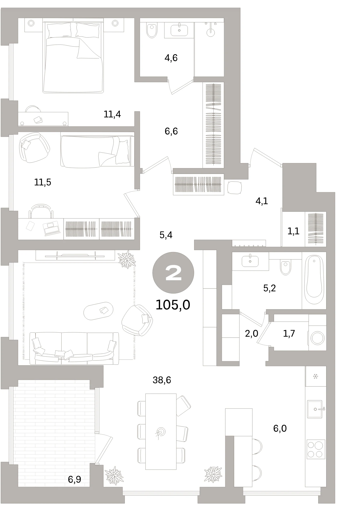 Планировка 3-комнатная 105 м² в жилом квартале «Северный ветер» — Жилой квартал «Северный ветер»