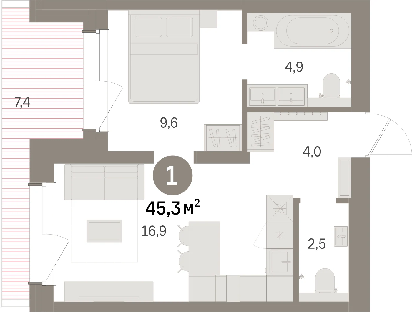 Планировка 2-комнатная 45,3 м² в жилом квартале «Северный ветер» — Жилой квартал «Северный ветер»