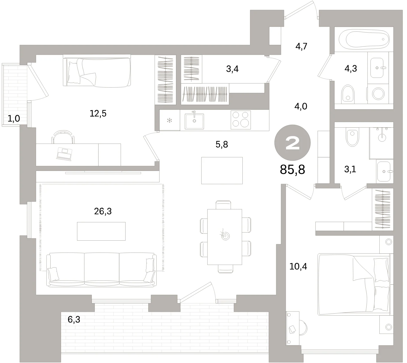 Планировка 3-комнатная 85,8 м² в жилом квартале «Северный ветер» — Жилой квартал «Северный ветер»