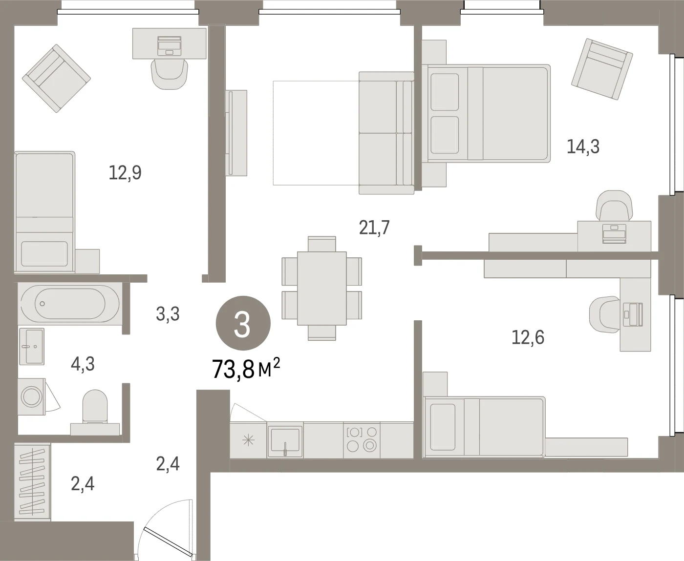 Планировка 4-комнатная 73,8 м² в жилом квартале «Северный ветер» — Жилой квартал «Северный ветер»