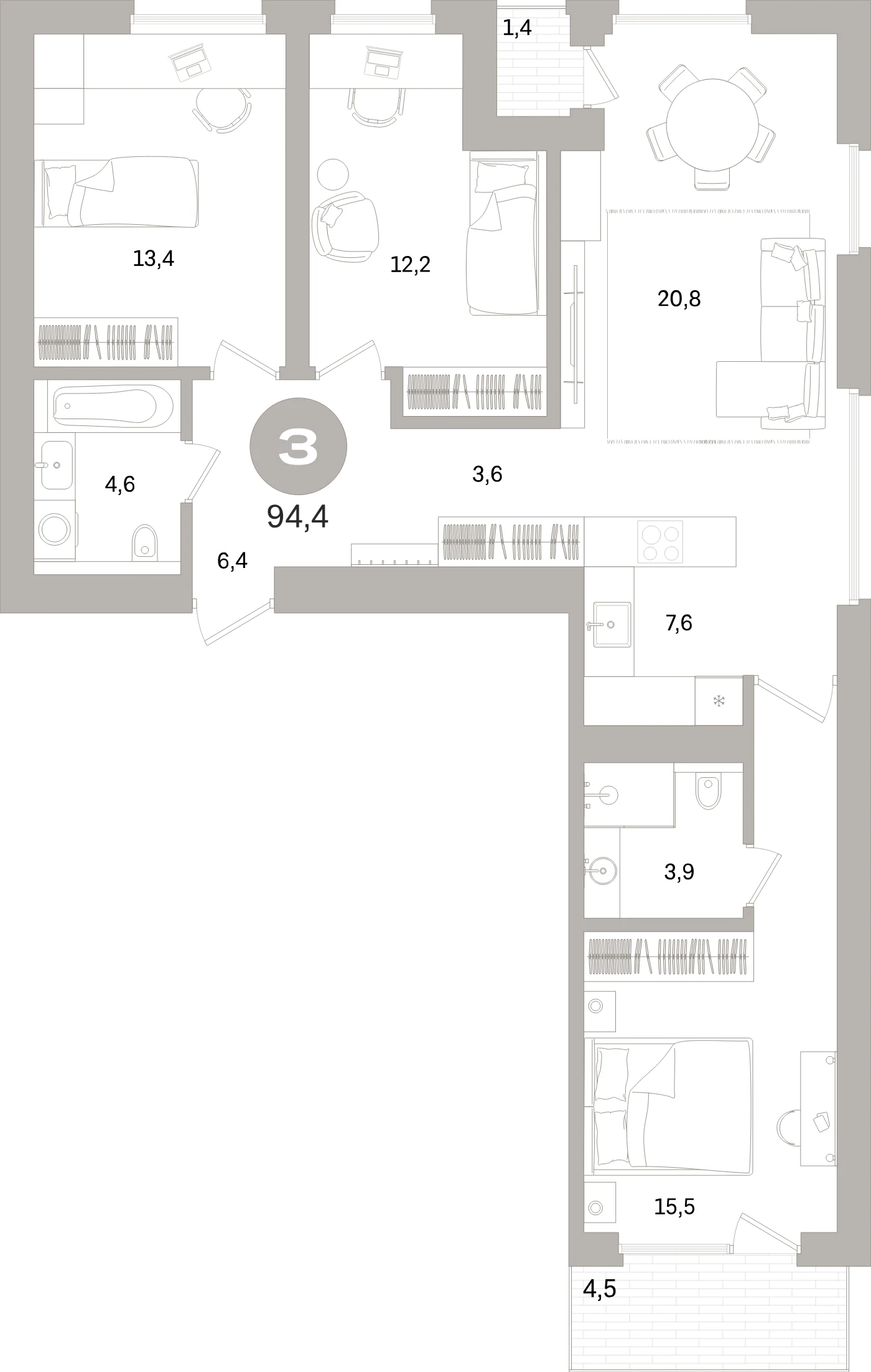 Планировка 4-комнатная 93,5 м² в жилом квартале «Северный ветер» — Жилой квартал «Северный ветер»