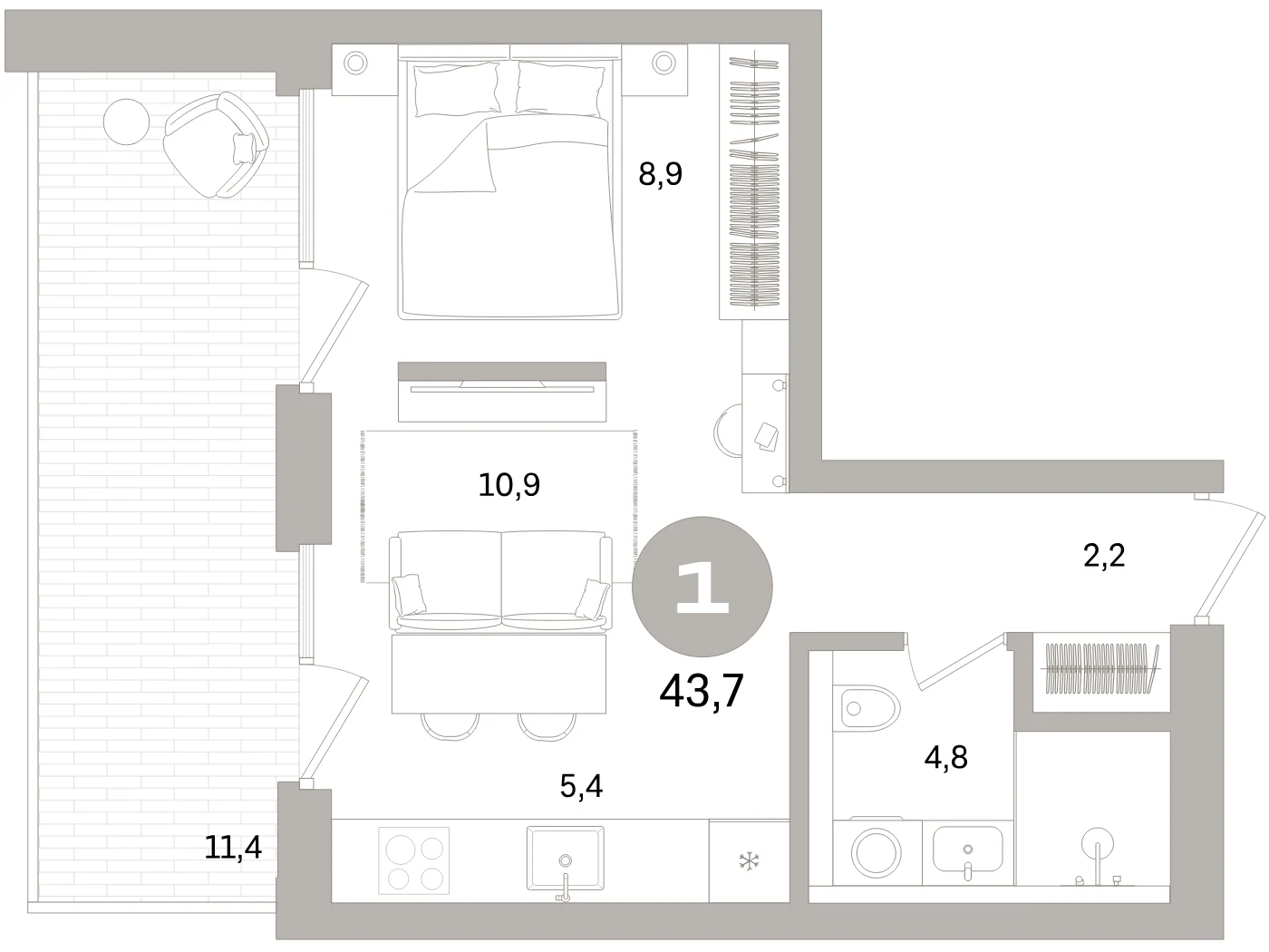 Планировка 2-комнатная 43,7 м² в жилом квартале «Северный ветер» — Жилой квартал «Северный ветер»