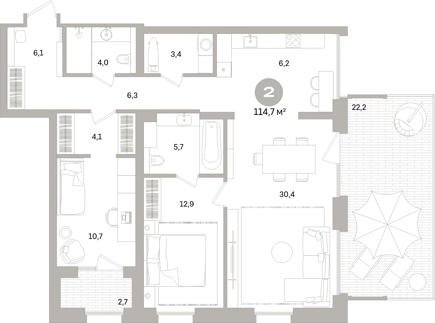 Планировка 3-комнатная 114,7 м² в жилом квартале «Северный ветер» — Жилой квартал «Северный ветер»