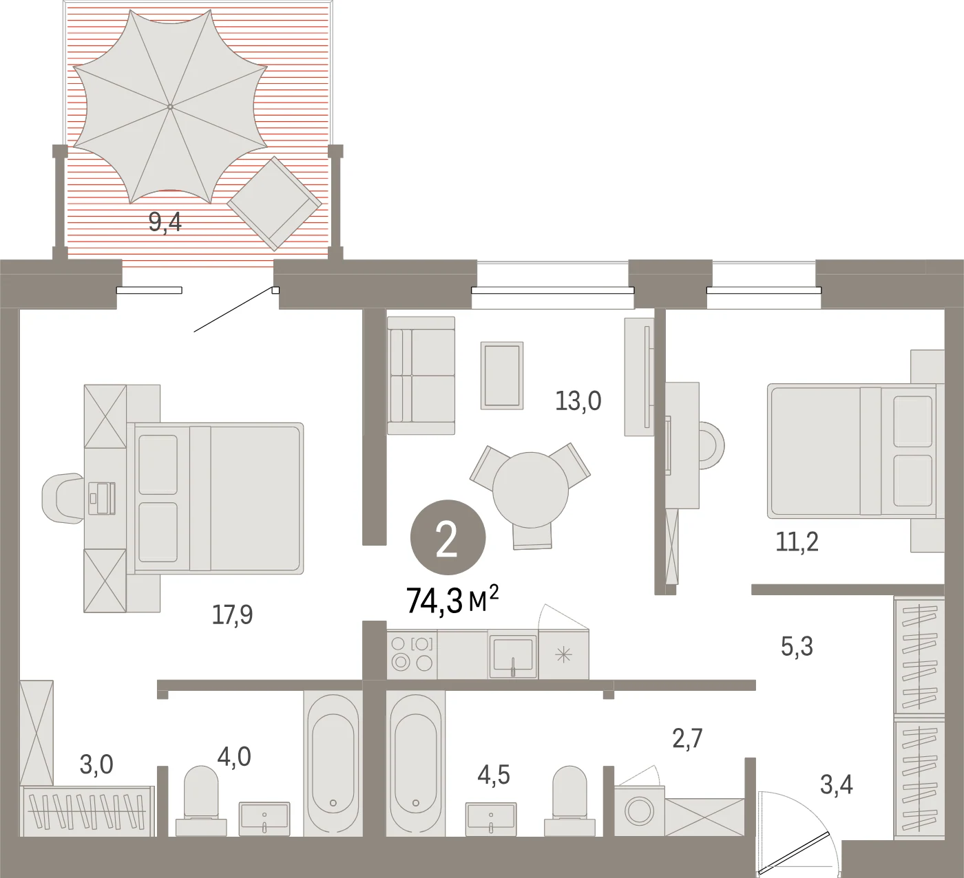 Планировка 3-комнатная 74,3 м² в жилом квартале «Северный ветер» — Жилой квартал «Северный ветер»