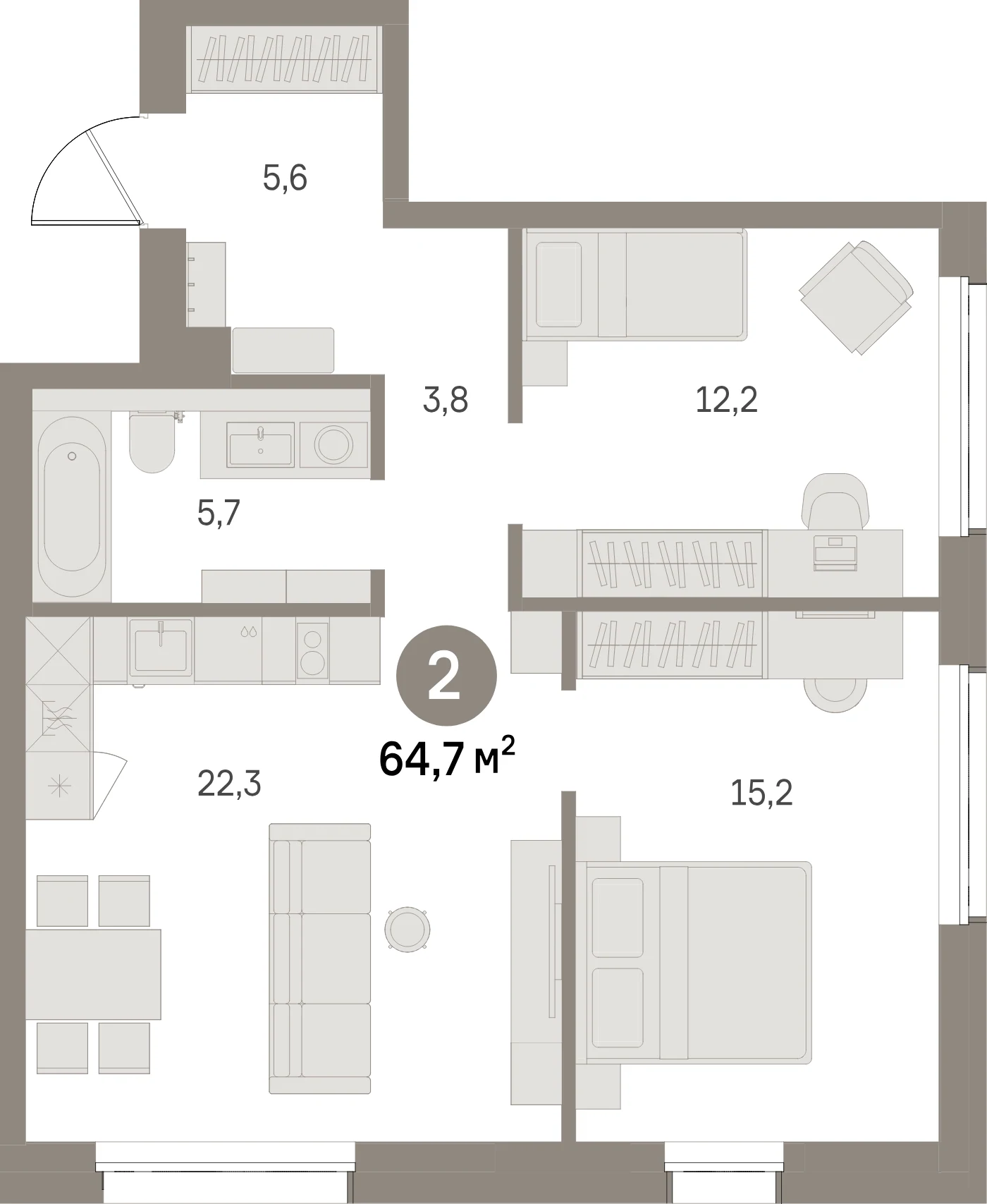 Планировка 3-комнатная 64,7 м² в жилом квартале «Северный ветер» — Жилой квартал «Северный ветер»