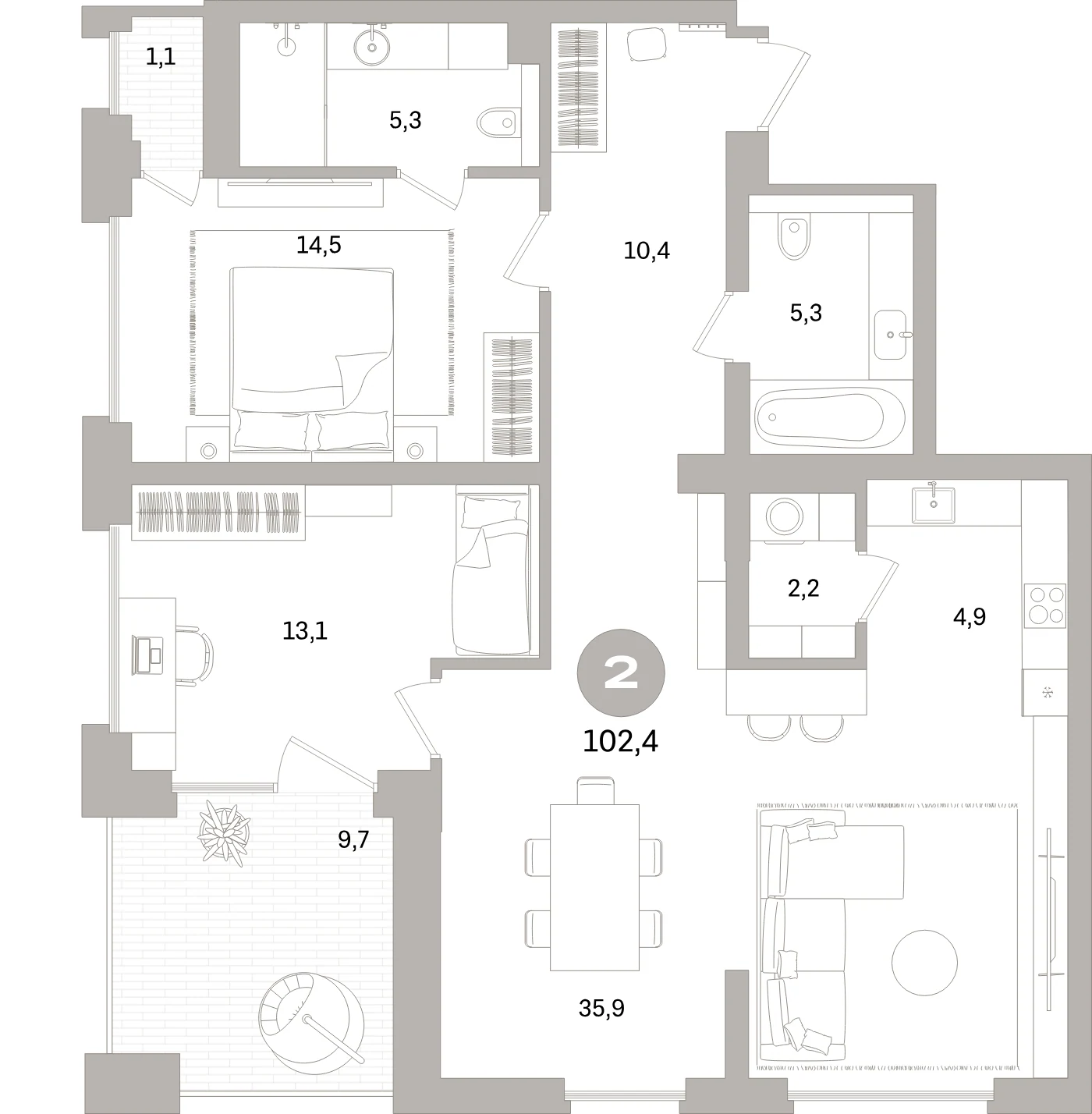 Планировка 3-комнатная 102,4 м² в жилом квартале «Северный ветер» — Жилой квартал «Северный ветер»
