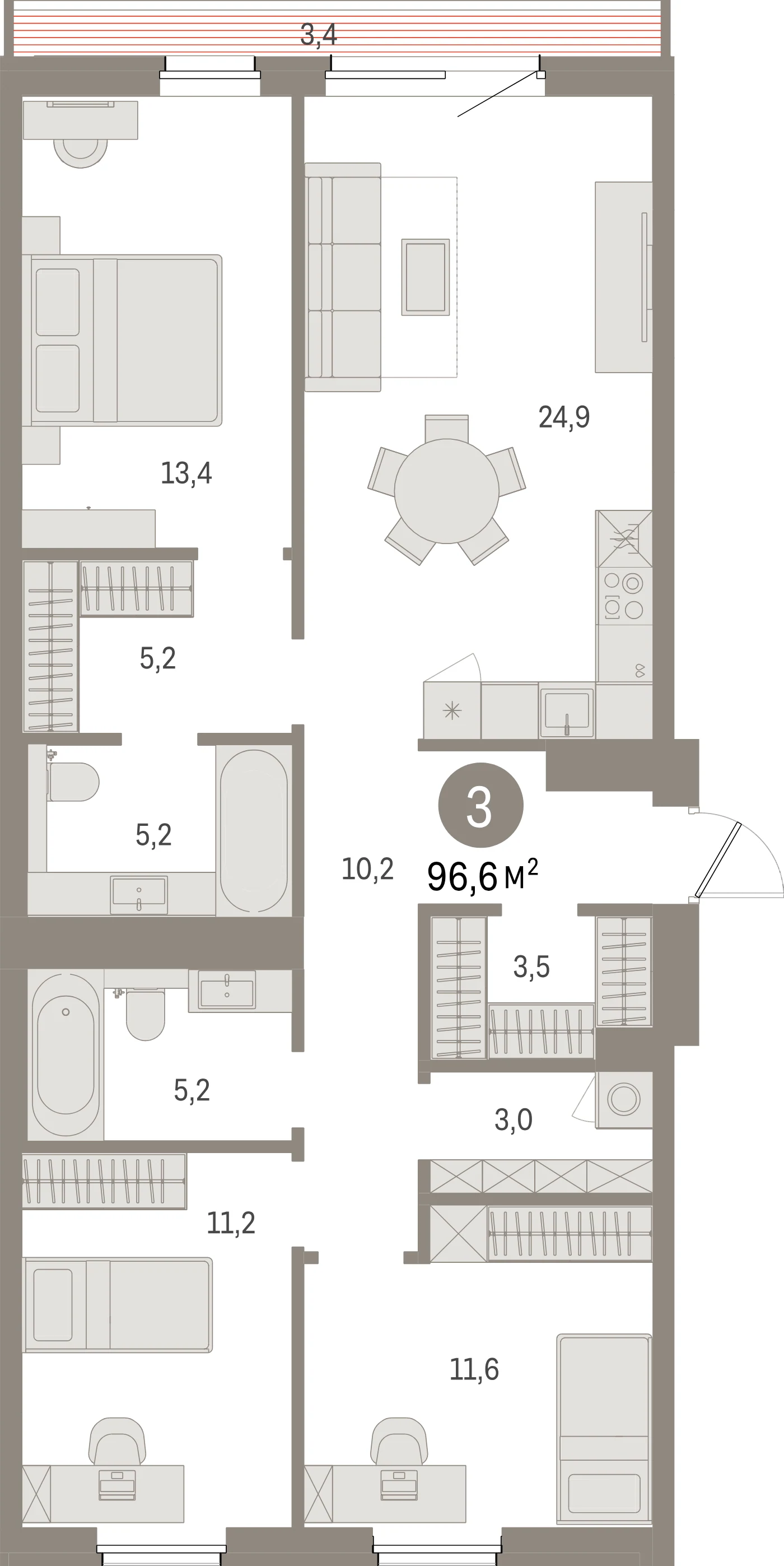 Планировка 4-комнатная 96,6 м² в жилом квартале «Северный ветер» — Жилой квартал «Северный ветер»