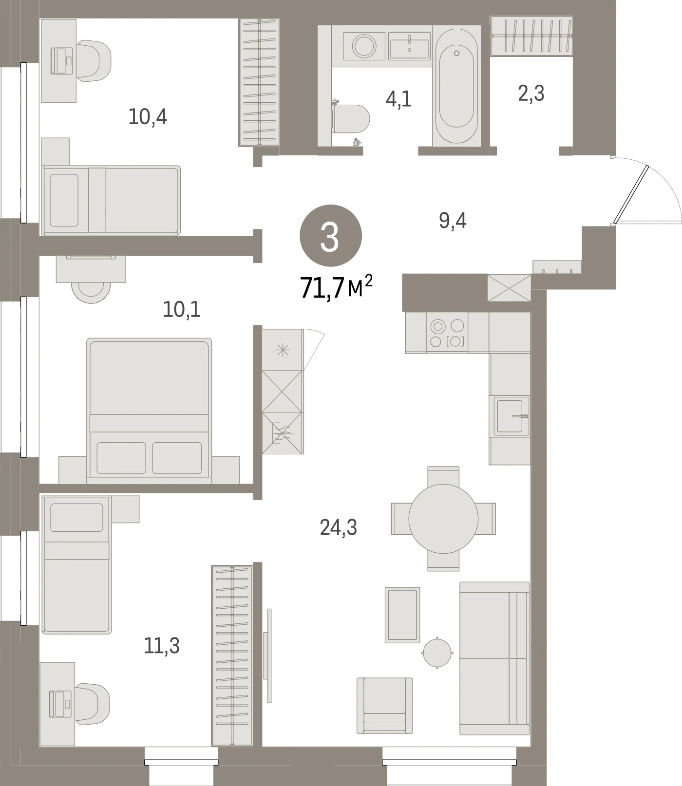 Планировка 4-комнатная 71,7 м² в жилом квартале «Северный ветер» — Жилой квартал «Северный ветер»