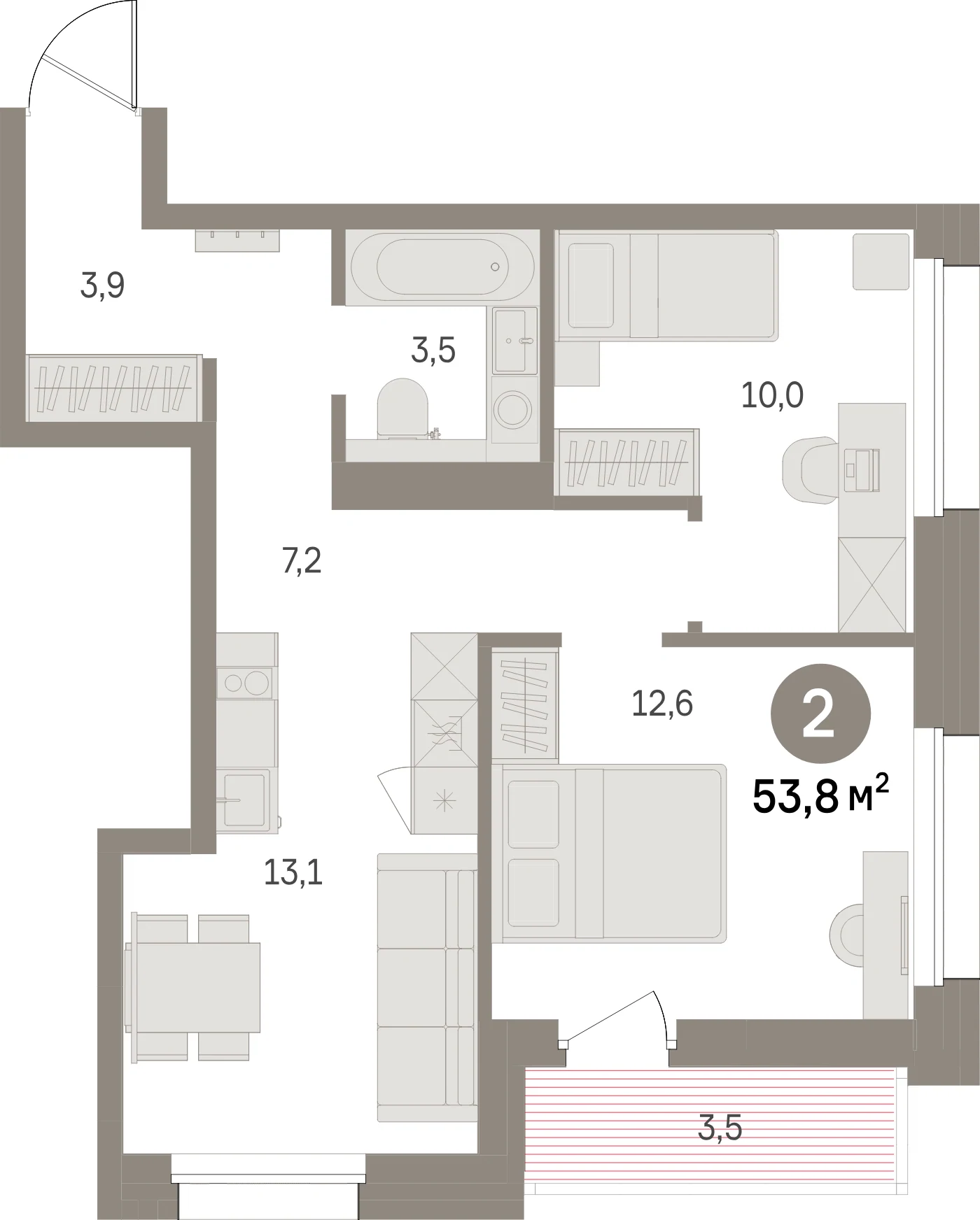 Планировка 3-комнатная 53,8 м² в жилом квартале «Северный ветер» — Жилой квартал «Северный ветер»