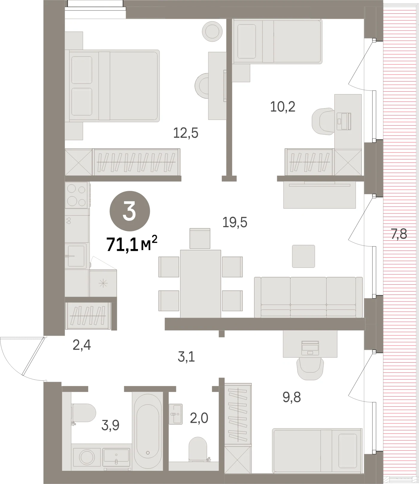 Планировка 4-комнатная 71,1 м² в жилом квартале «Северный ветер» — Жилой квартал «Северный ветер»