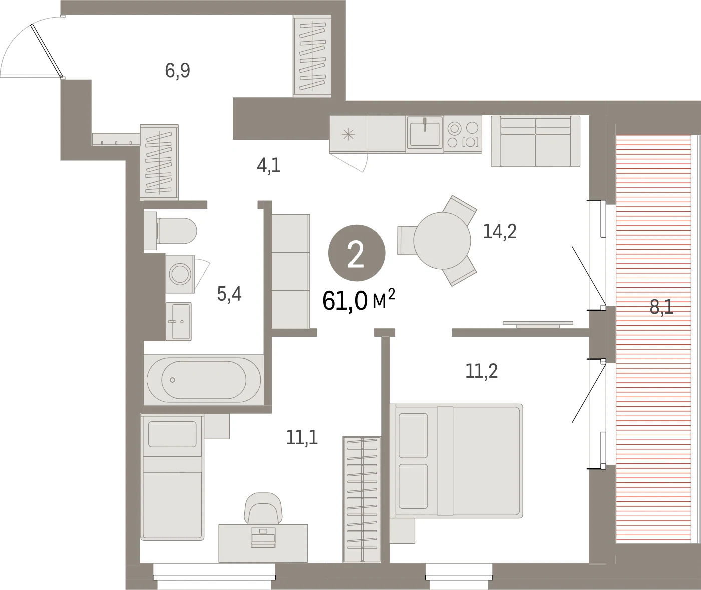 Планировка 3-комнатная 61 м² в жилом квартале «Северный ветер» — Жилой квартал «Северный ветер»
