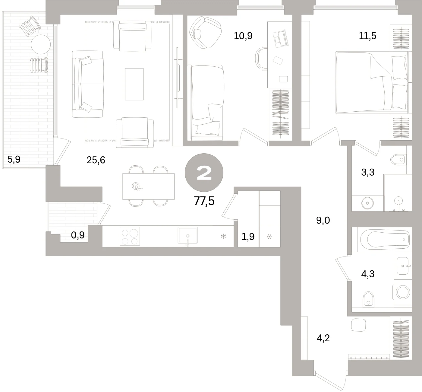 Планировка 3-комнатная 77,5 м² в жилом квартале «Северный ветер» — Жилой квартал «Северный ветер»