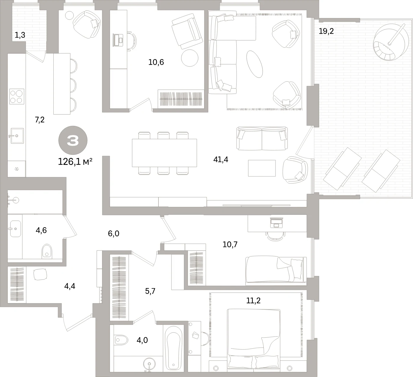 Планировка 4-комнатная 126,1 м² в жилом квартале «Северный ветер» — Жилой квартал «Северный ветер»
