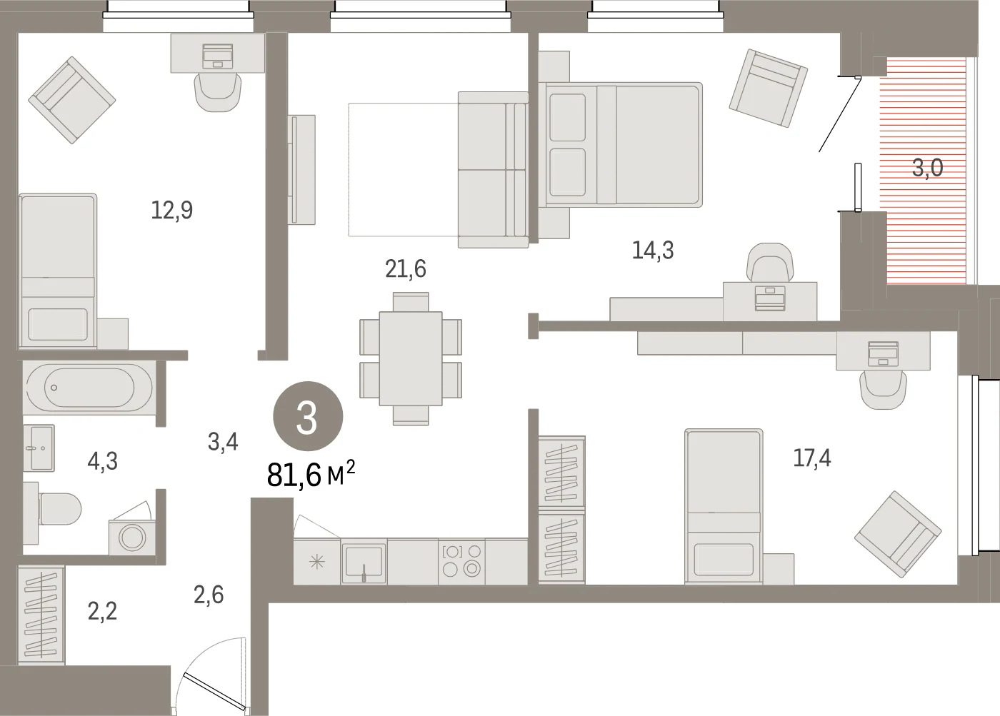 Планировка 4-комнатная 81,6 м² в жилом квартале «Северный ветер» — Жилой квартал «Северный ветер»