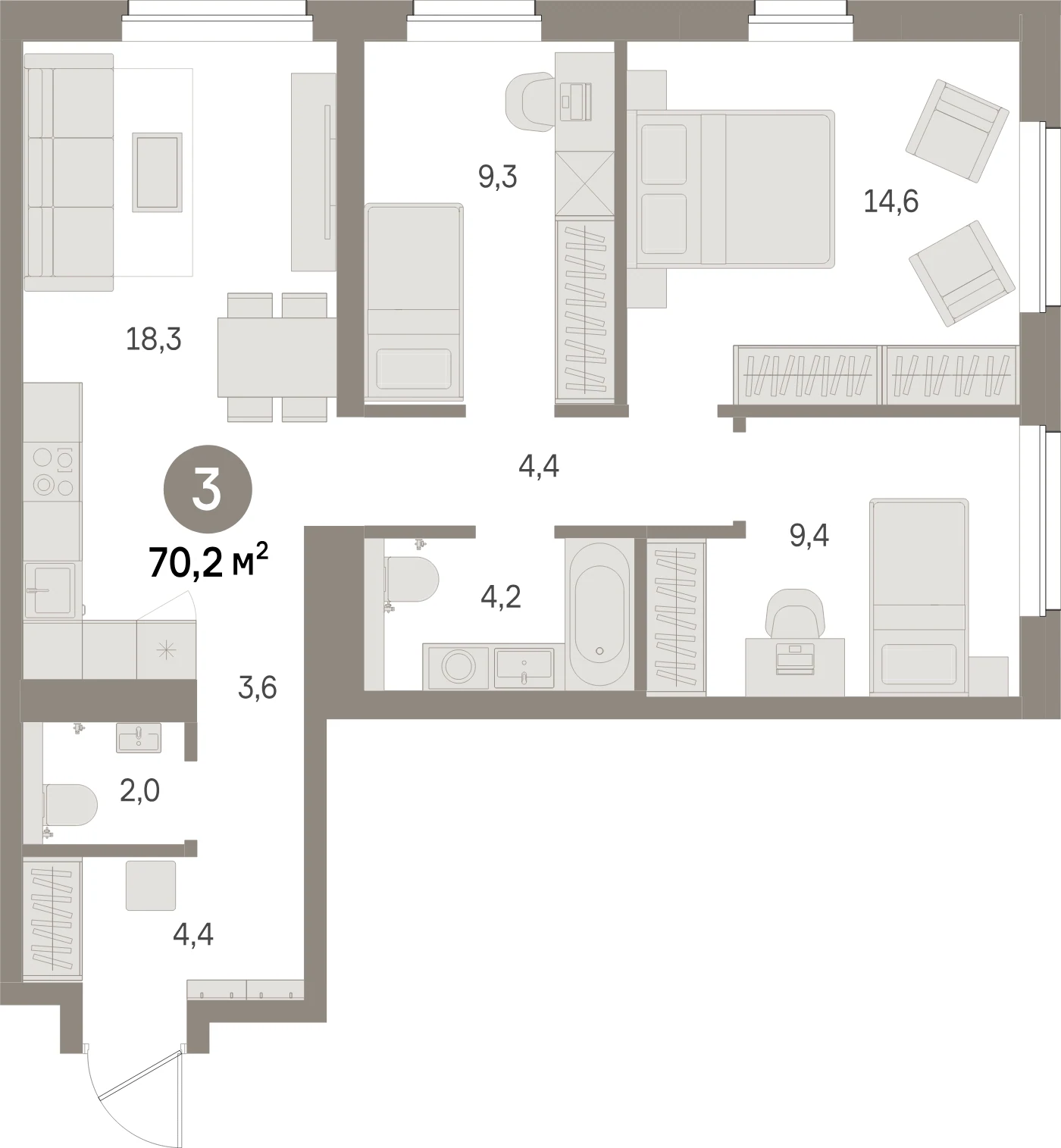 Планировка 4-комнатная 70,2 м² в жилом квартале «Северный ветер» — Жилой квартал «Северный ветер»