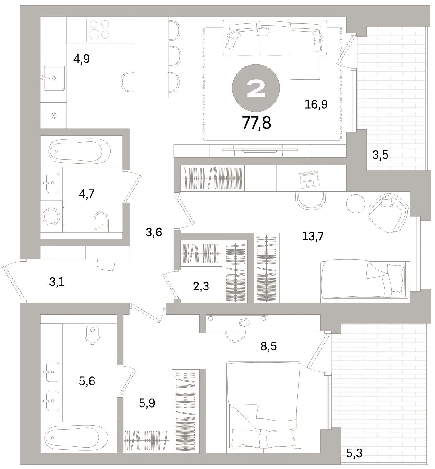 Планировка 3-комнатная 77,8 м² в жилом квартале «Северный ветер» — Жилой квартал «Северный ветер»