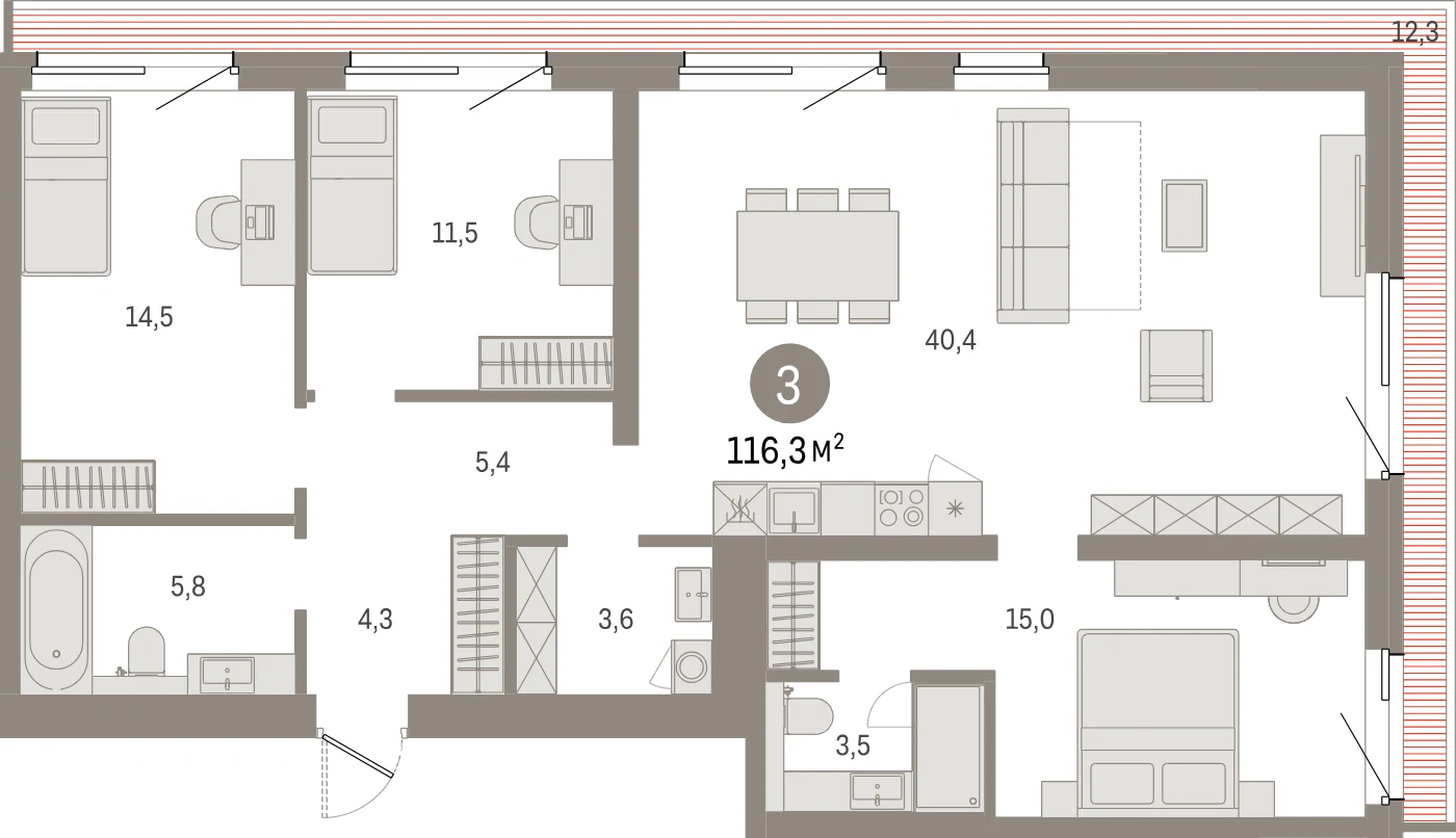 Планировка 4-комнатная 116,3 м² в жилом квартале «Северный ветер» — Жилой квартал «Северный ветер»