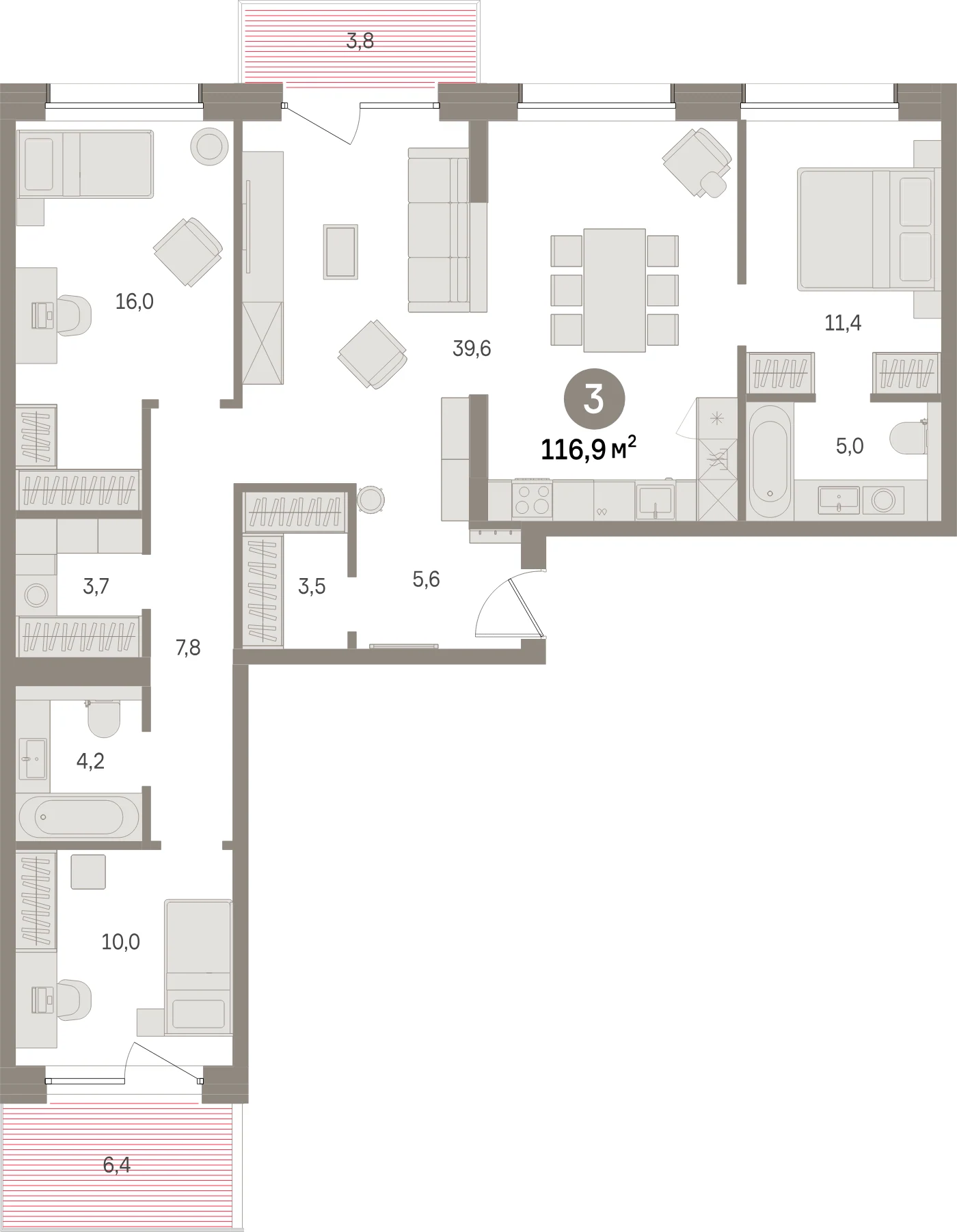 Планировка 4-комнатная 116,9 м² в жилом квартале «Северный ветер» — Жилой квартал «Северный ветер»