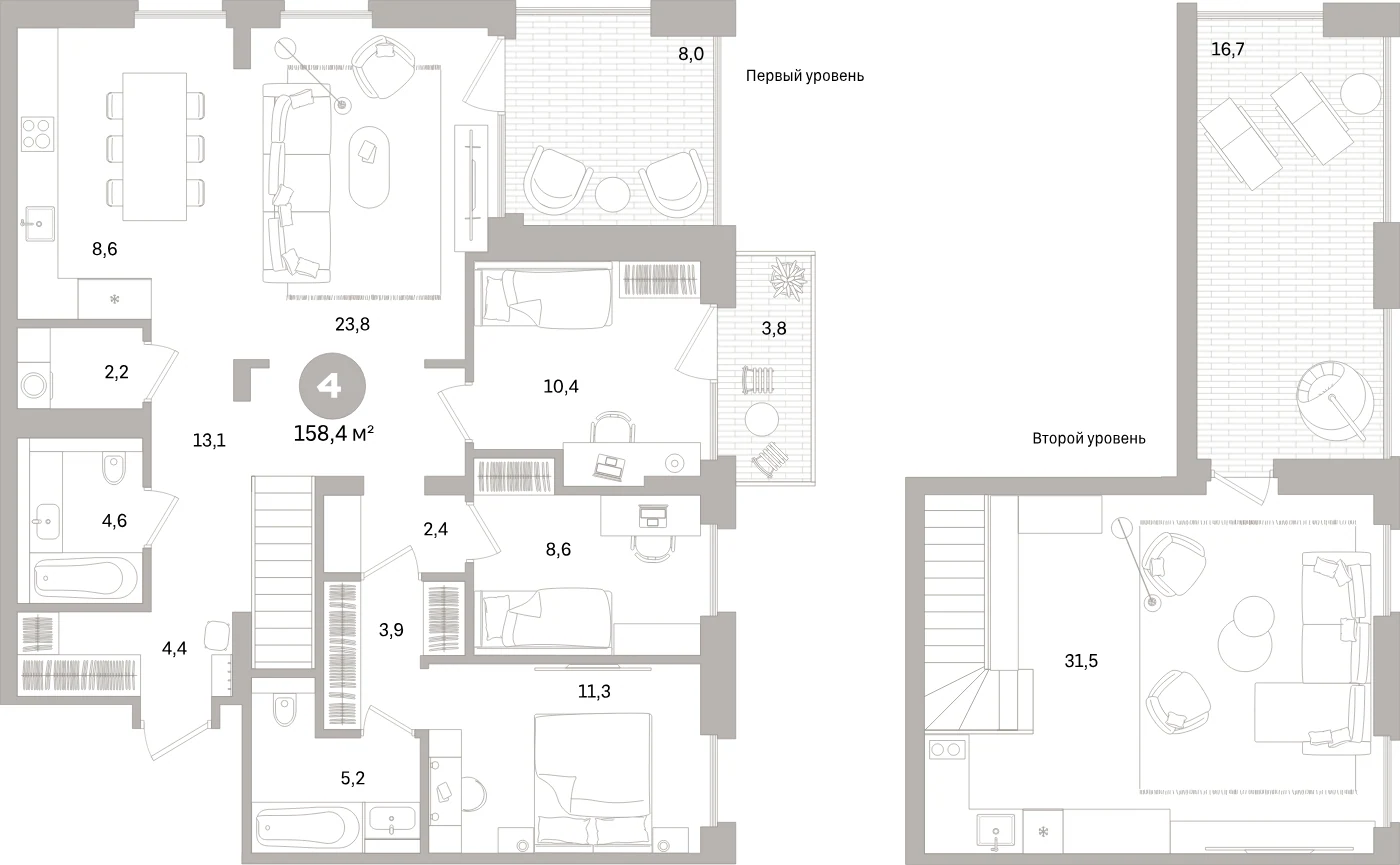 Планировка 4-комнатная 158,4 м² в жилом квартале «Северный ветер» — Жилой квартал «Северный ветер»