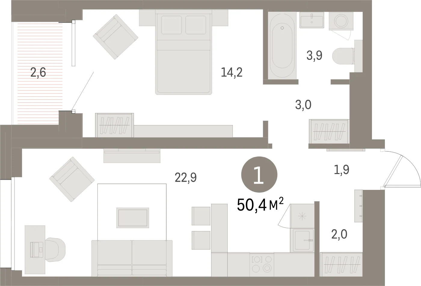 Планировка 2-комнатная 50,4 м² в жилом квартале «Северный ветер» — Жилой квартал «Северный ветер»