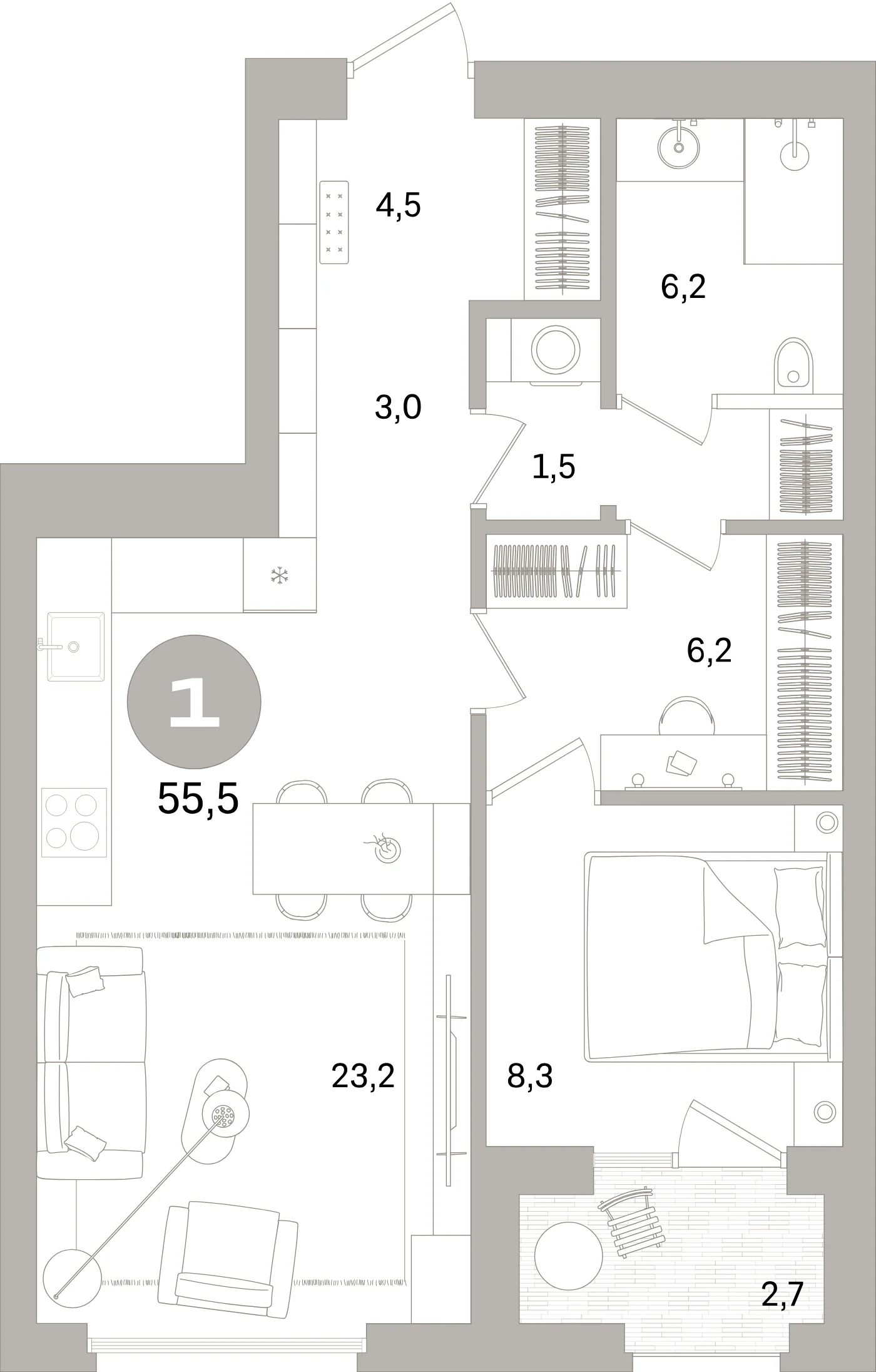 Планировка 2-комнатная 55,5 м² в жилом квартале «Северный ветер» — Жилой квартал «Северный ветер»