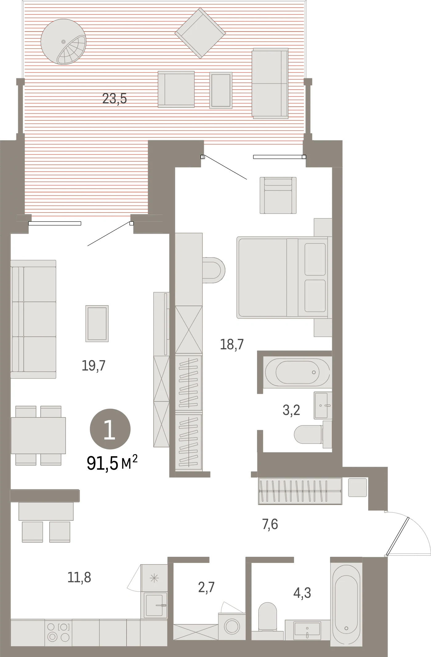 Планировка 2-комнатная 91,5 м² в жилом квартале «Северный ветер» — Жилой квартал «Северный ветер»