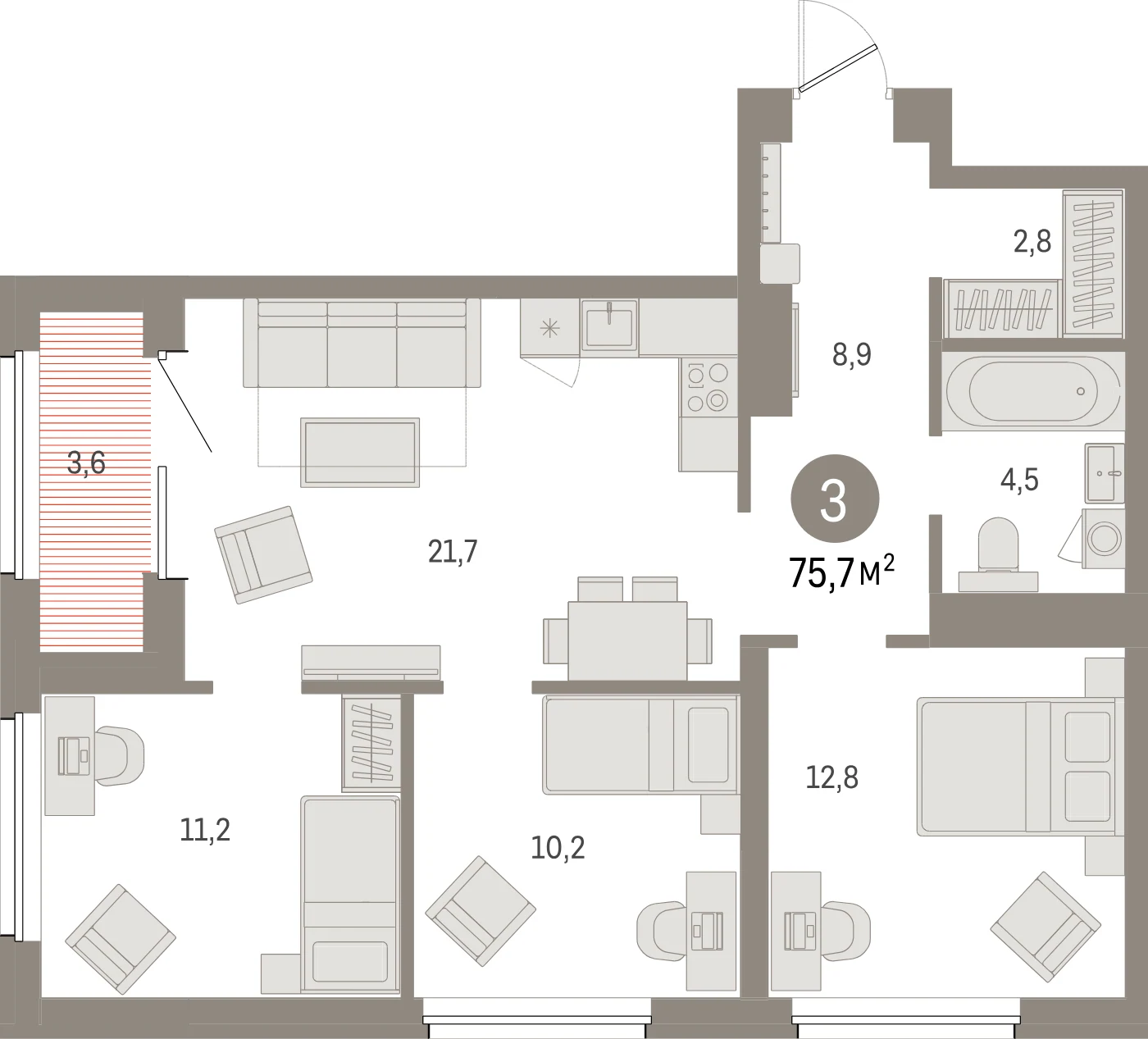 Планировка 4-комнатная 75,7 м² в жилом квартале «Северный ветер» — Жилой квартал «Северный ветер»