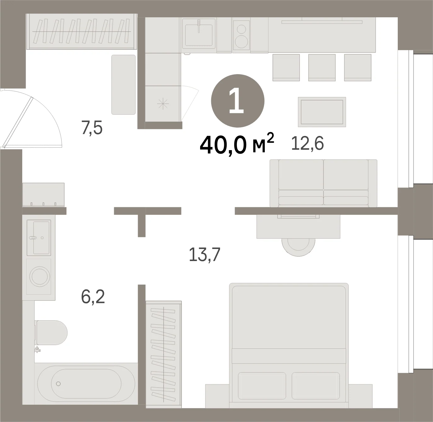 Планировка 2-комнатная 40 м² в жилом квартале «Северный ветер» — Жилой квартал «Северный ветер»