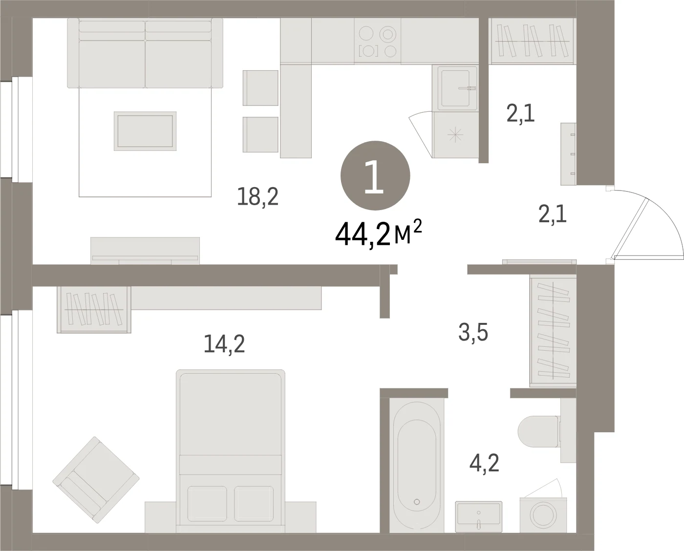 Планировка 2-комнатная 44,2 м² в жилом квартале «Северный ветер» — Жилой квартал «Северный ветер»