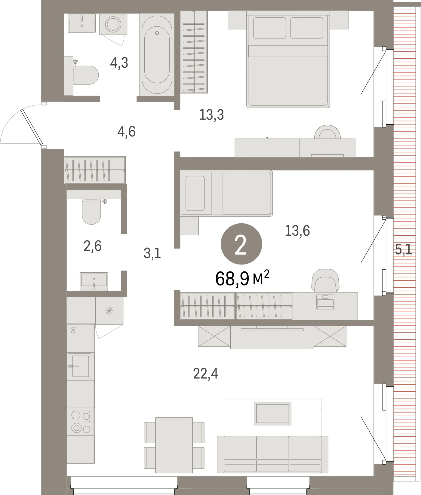 Планировка 3-комнатная 68,9 м² в жилом квартале «Северный ветер» — Жилой квартал «Северный ветер»