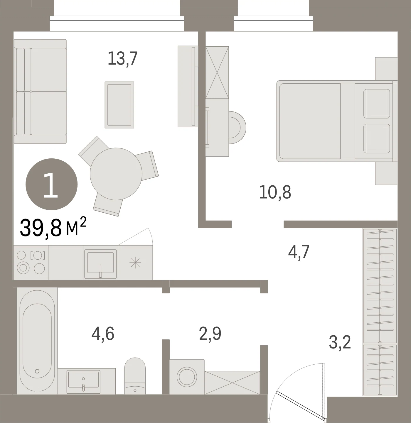 Планировка 2-комнатная 39,8 м² в жилом квартале «Северный ветер» — Жилой квартал «Северный ветер»
