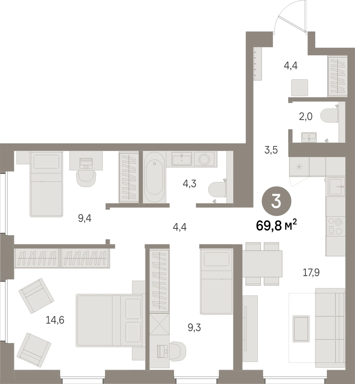 Планировка 4-комнатная 69,8 м² в жилом квартале «Северный ветер» — Жилой квартал «Северный ветер»