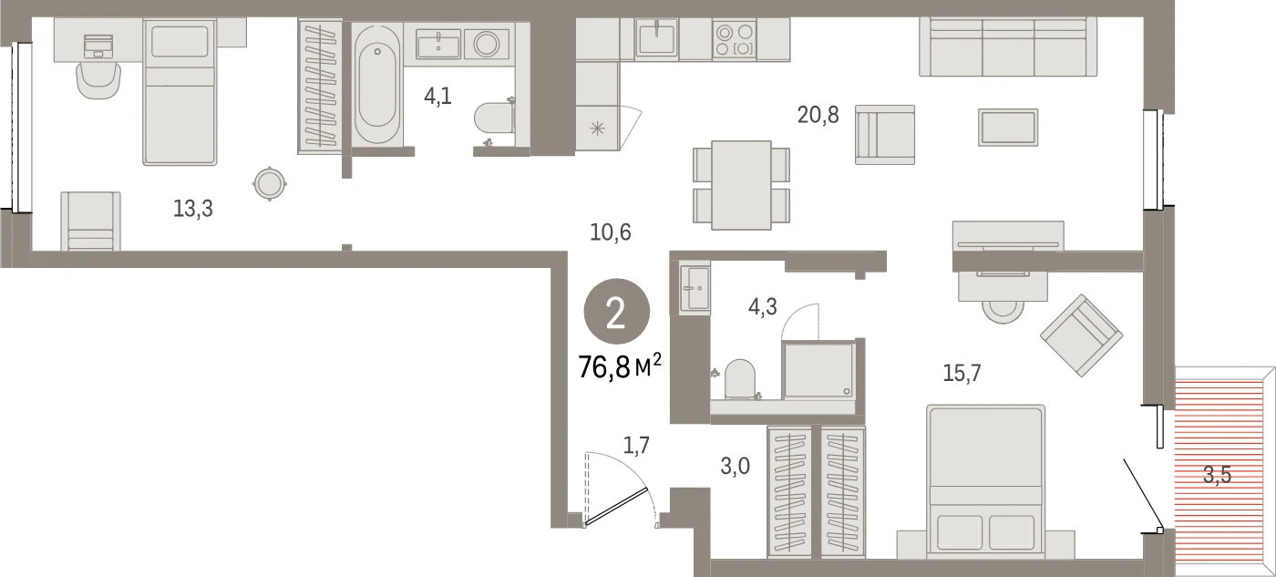 Планировка 3-комнатная 76,8 м² в жилом квартале «Северный ветер» — Жилой квартал «Северный ветер»