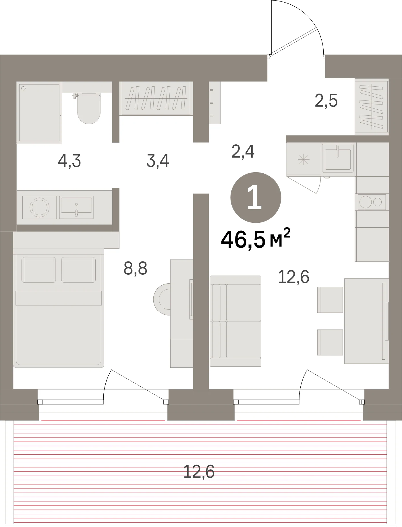 Планировка 2-комнатная 46,5 м² в жилом квартале «Северный ветер» — Жилой квартал «Северный ветер»