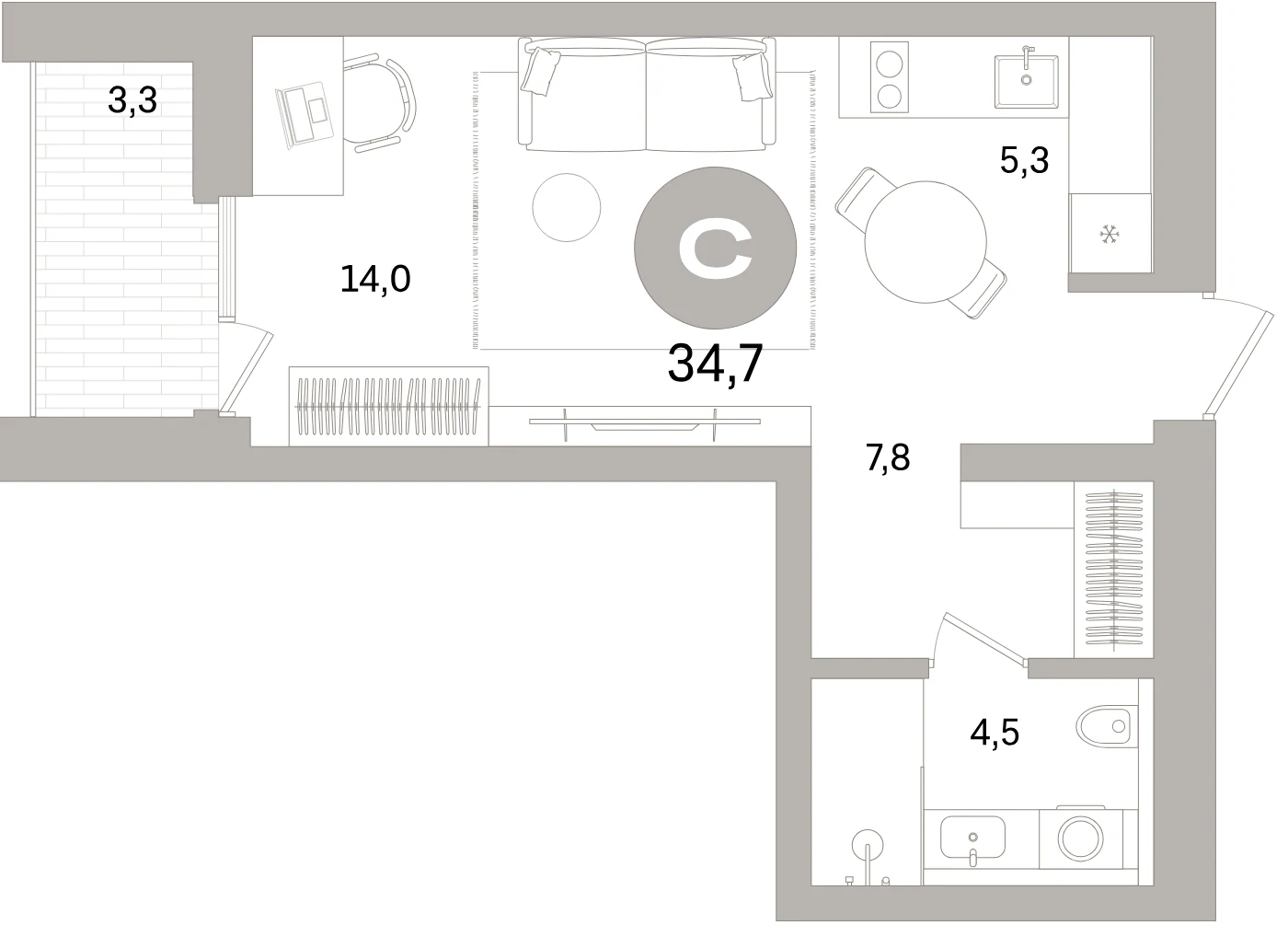 Планировка студия 34,7 м² в жилом квартале «Северный ветер» — Жилой квартал «Северный ветер»