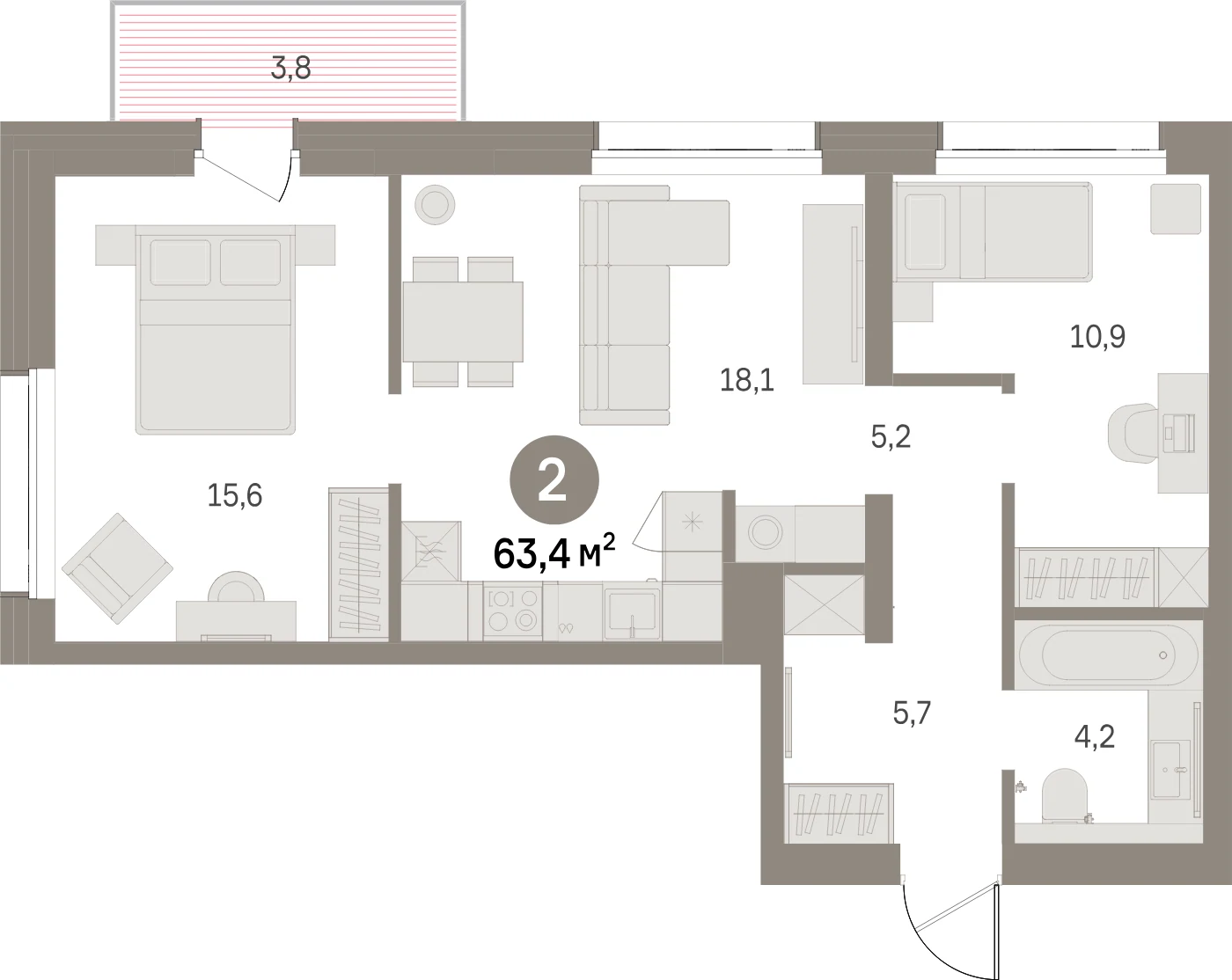 Планировка 3-комнатная 63,4 м² в жилом квартале «Северный ветер» — Жилой квартал «Северный ветер»