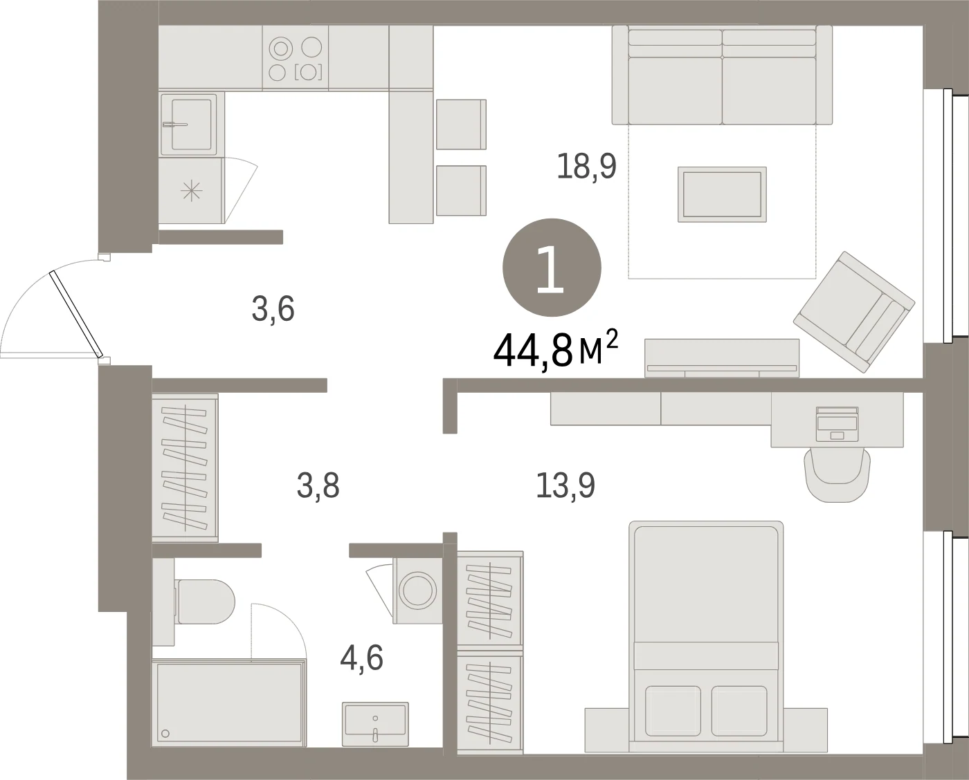 Планировка 2-комнатная 44,8 м² в жилом квартале «Северный ветер» — Жилой квартал «Северный ветер»