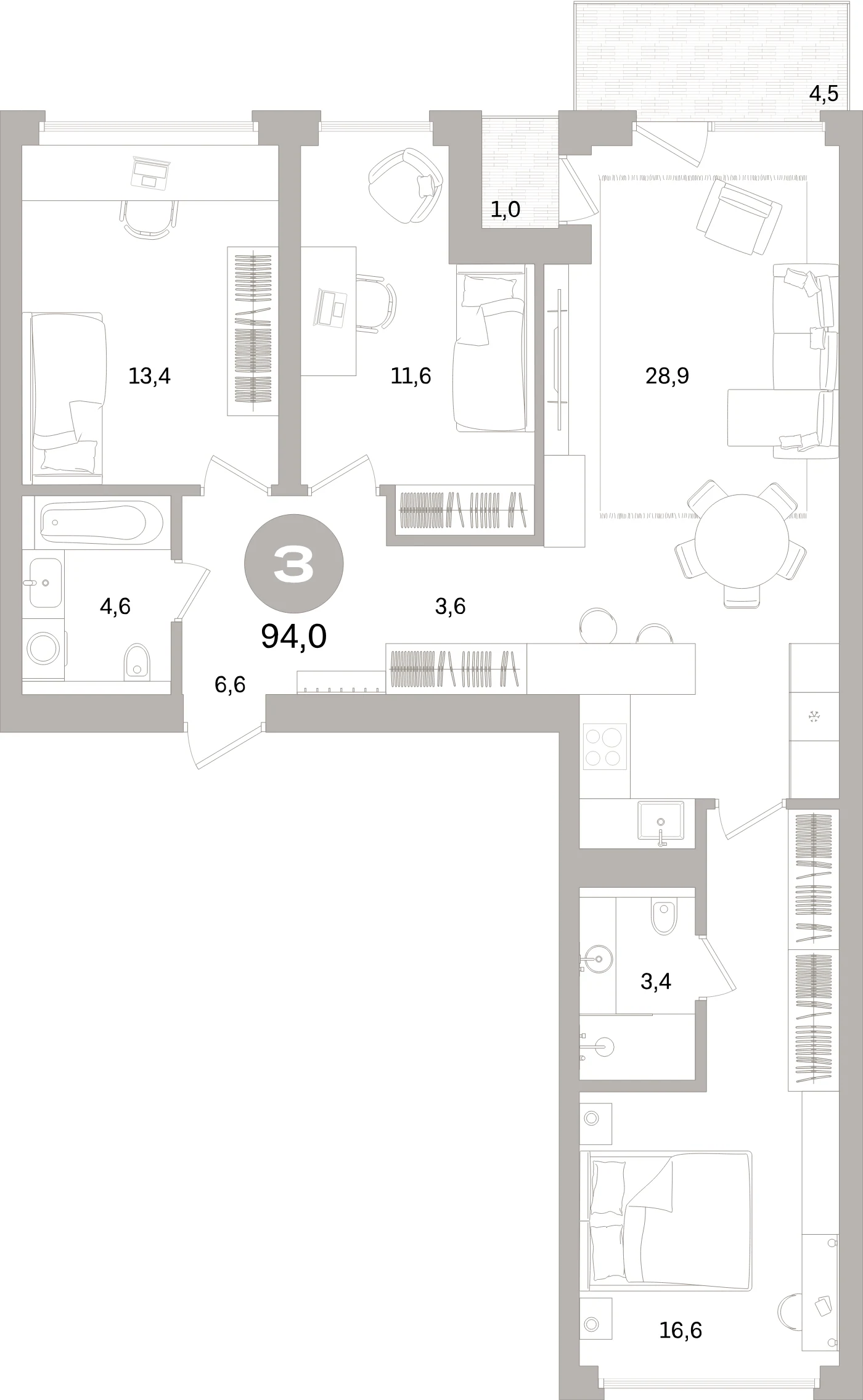 Планировка 4-комнатная 94 м² в жилом квартале «Северный ветер» — Жилой квартал «Северный ветер»