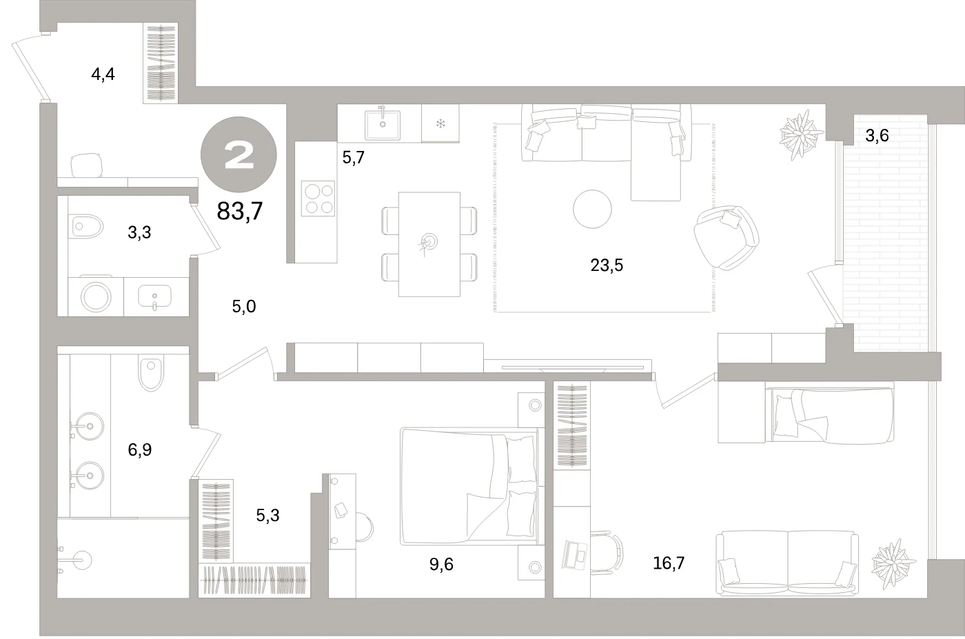 Планировка 3-комнатная 83,7 м² в жилом квартале «Северный ветер» — Жилой квартал «Северный ветер»