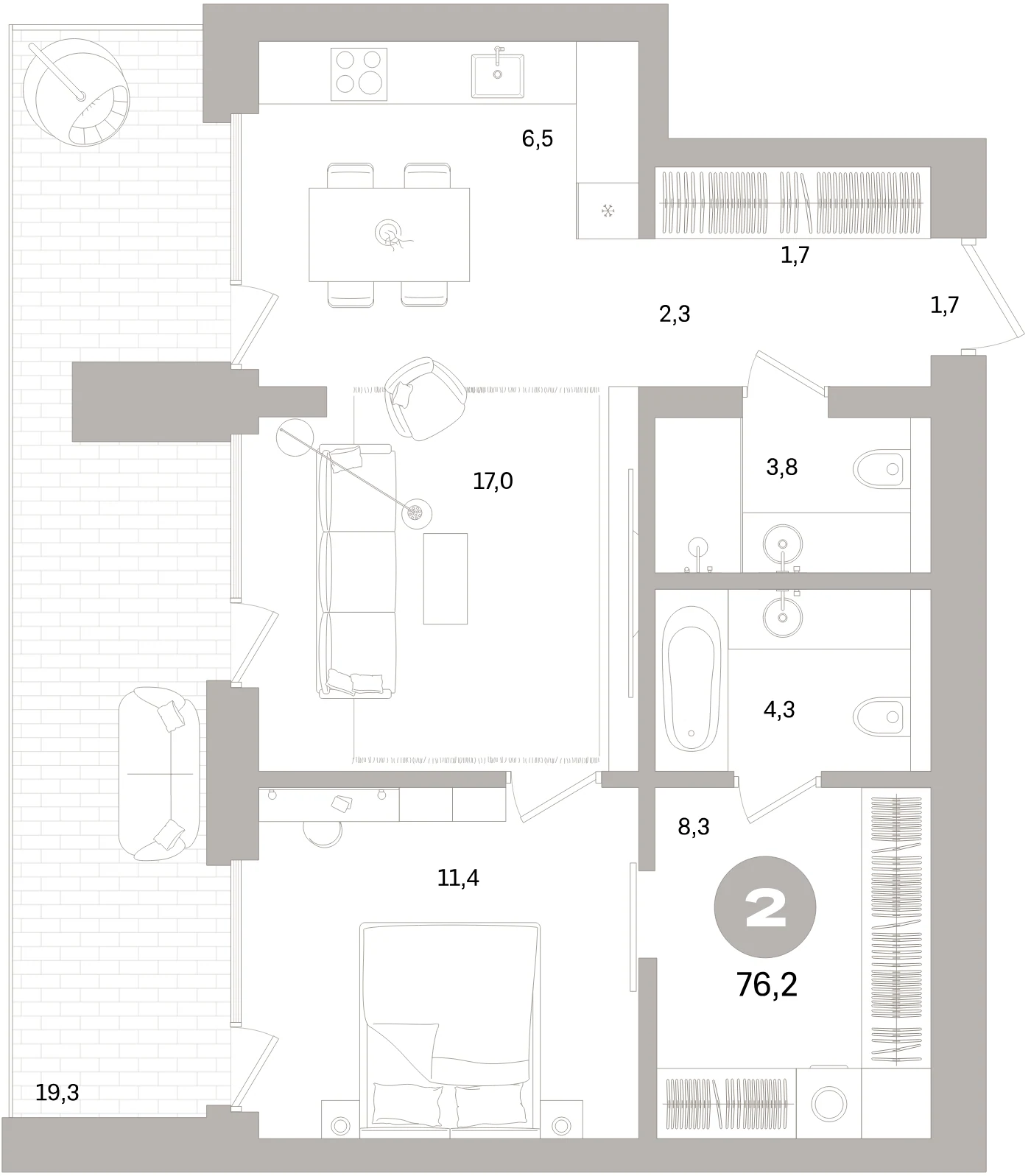 Планировка 2-комнатная 76,2 м² в жилом квартале «Северный ветер» — Жилой квартал «Северный ветер»