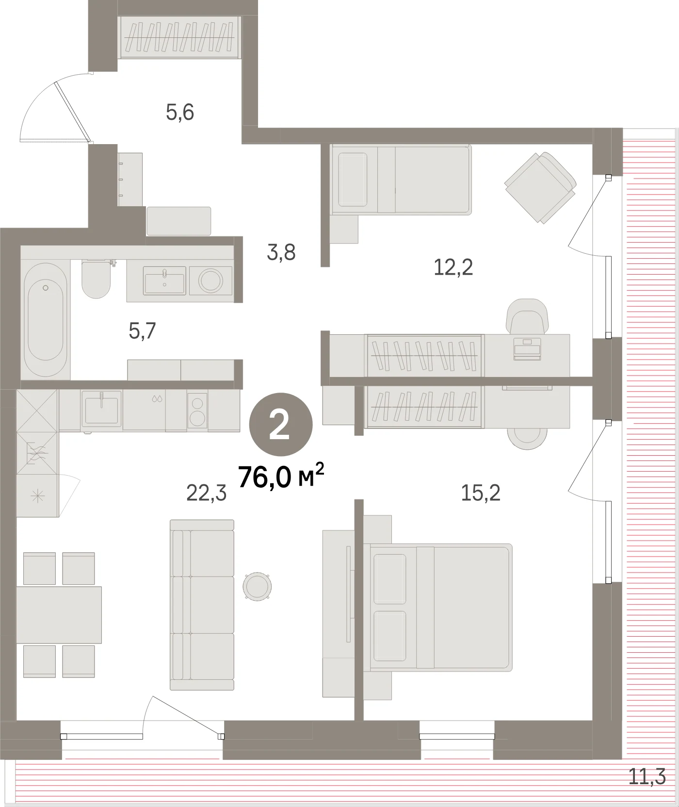 Планировка 3-комнатная 76 м² в жилом квартале «Северный ветер» — Жилой квартал «Северный ветер»