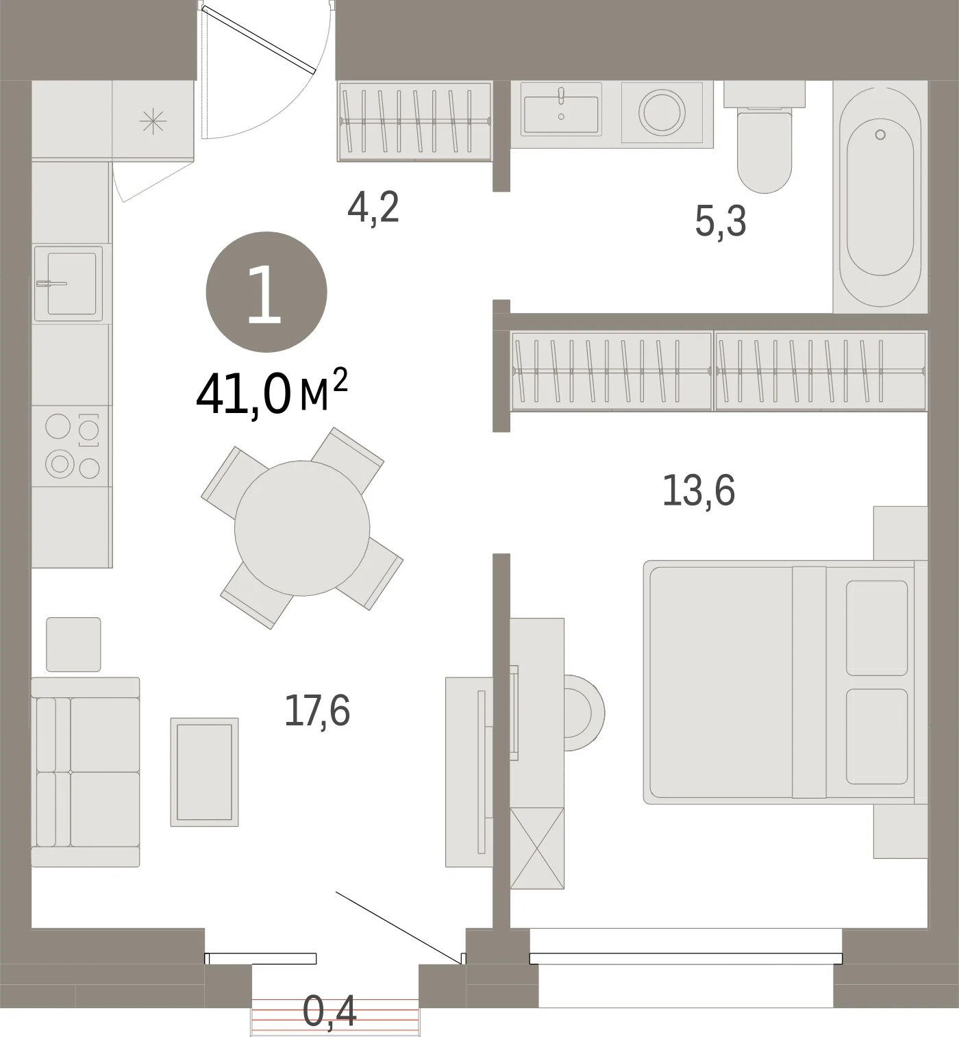 Планировка 2-комнатная 41 м² в жилом квартале «Северный ветер» — Жилой квартал «Северный ветер»