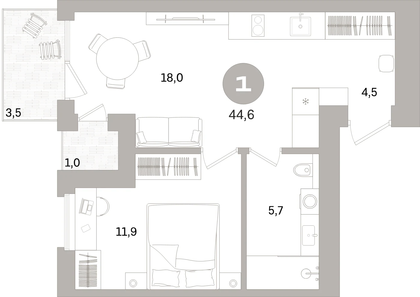 Планировка 2-комнатная 44,6 м² в жилом квартале «Северный ветер» — Жилой квартал «Северный ветер»