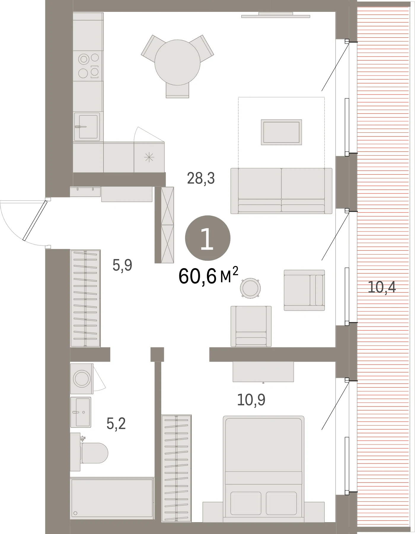 Планировка 2-комнатная 60,6 м² в жилом квартале «Северный ветер» — Жилой квартал «Северный ветер»
