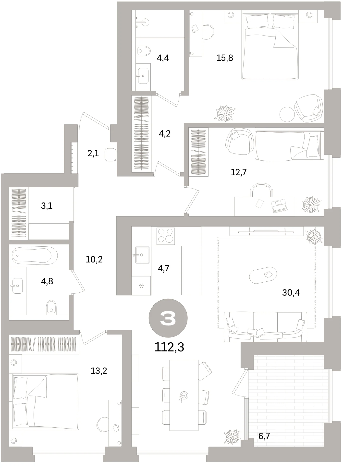 Планировка 4-комнатная 112,2 м² в жилом квартале «Северный ветер» — Жилой квартал «Северный ветер»