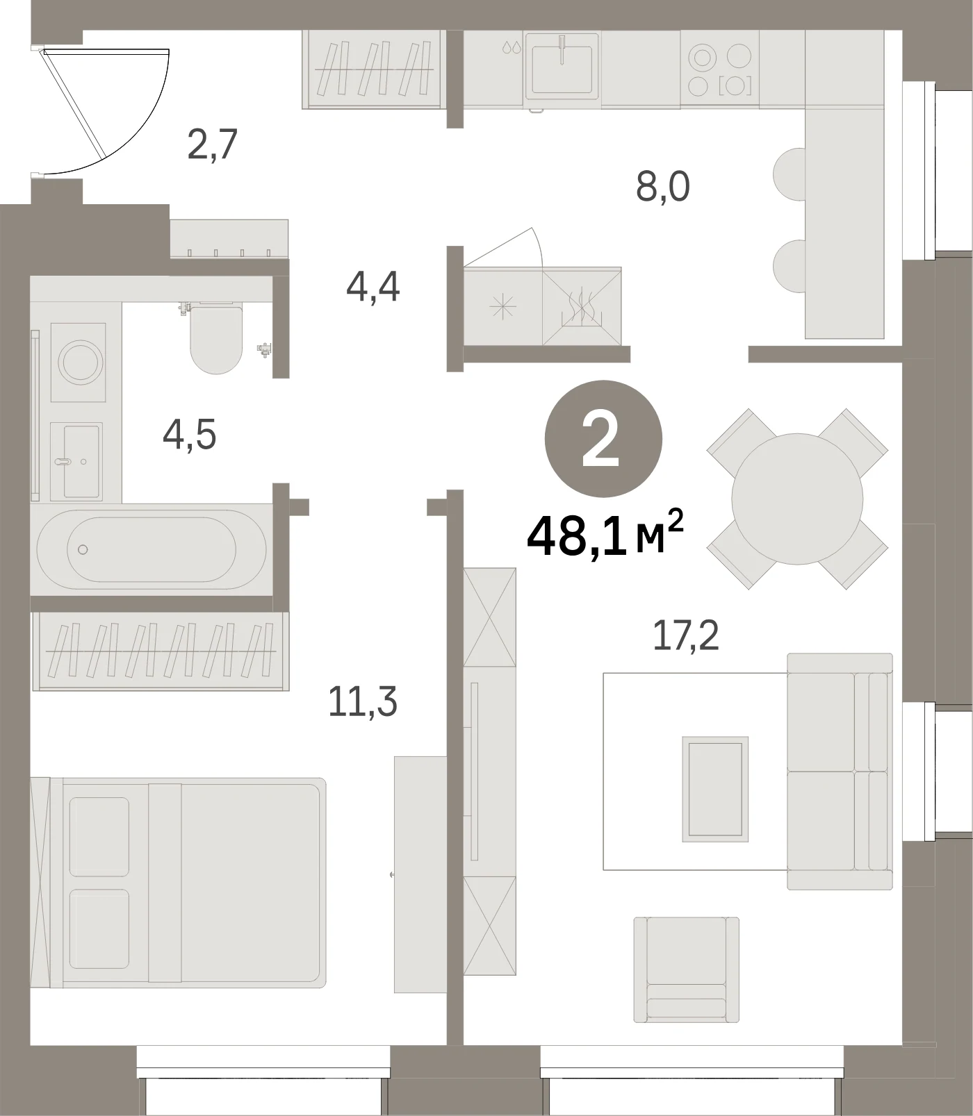 Планировка 3-комнатная 48,1 м² в жилом квартале «Северный ветер» — Жилой квартал «Северный ветер»