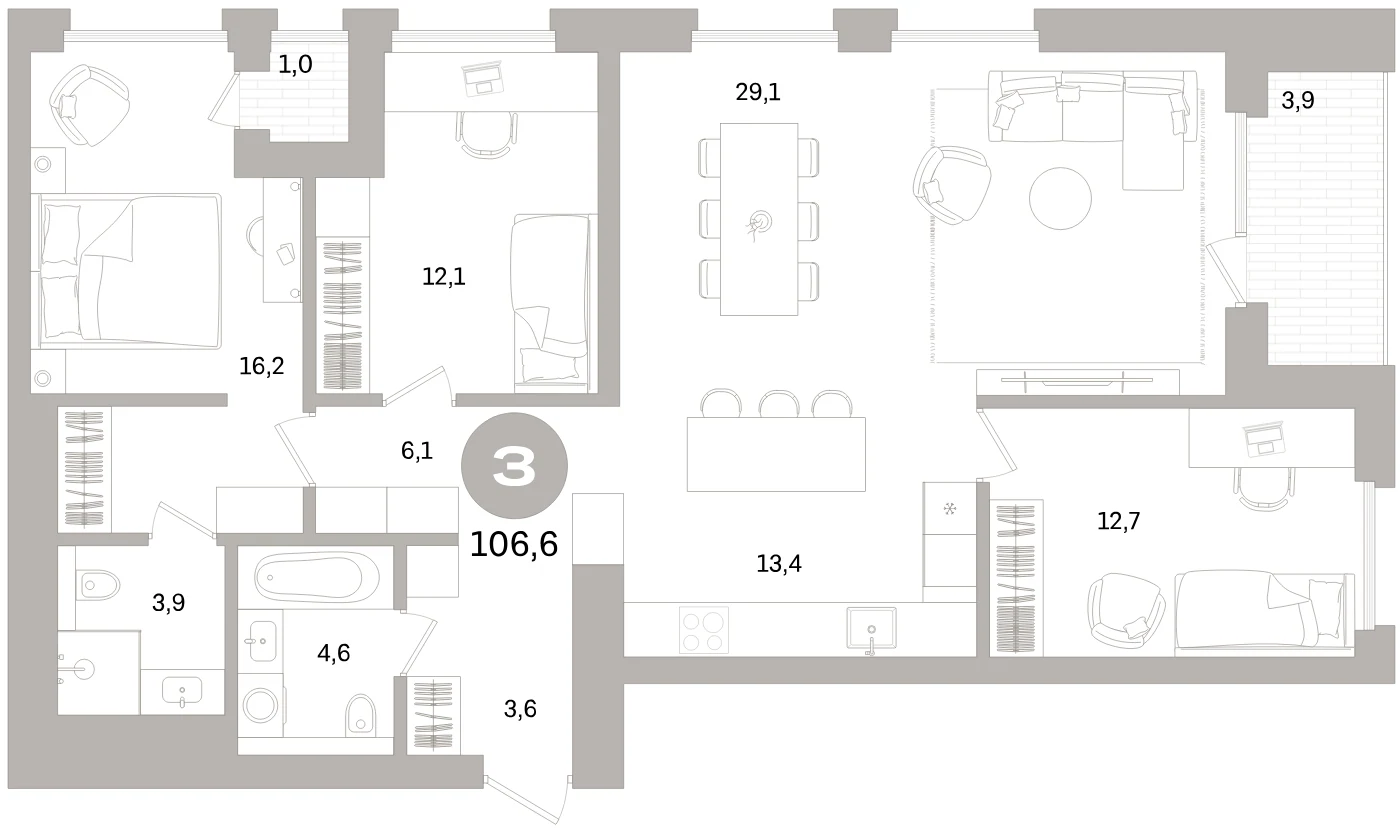 Планировка 4-комнатная 106,6 м² в жилом квартале «Северный ветер» — Жилой квартал «Северный ветер»