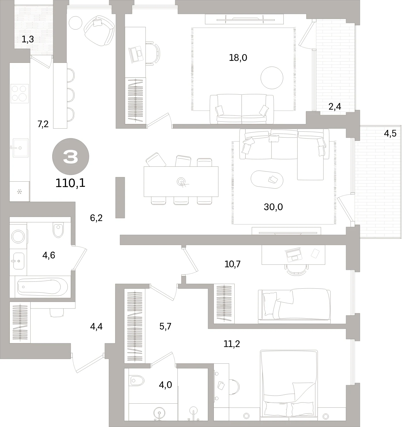 Планировка 4-комнатная 110,1 м² в жилом квартале «Северный ветер» — Жилой квартал «Северный ветер»
