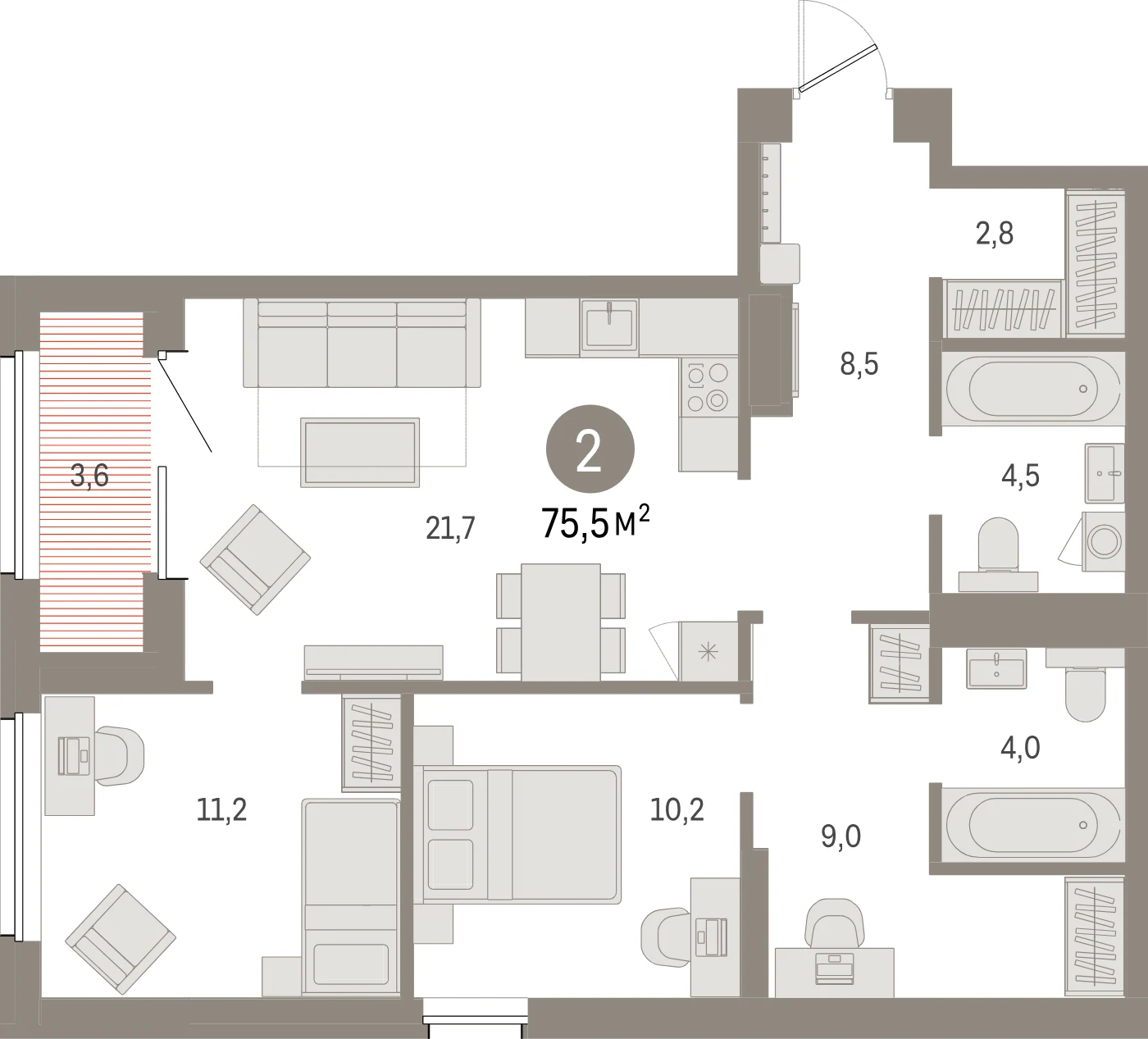 Планировка 3-комнатная 75,5 м² в жилом квартале «Северный ветер» — Жилой квартал «Северный ветер»