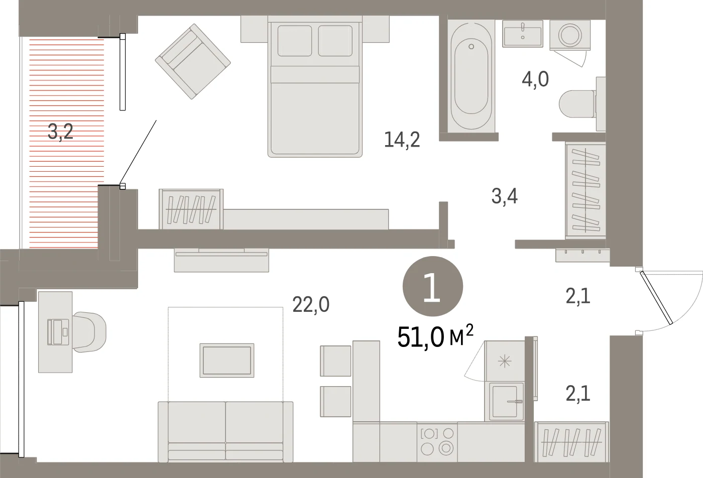 Планировка 2-комнатная 51 м² в жилом квартале «Северный ветер» — Жилой квартал «Северный ветер»
